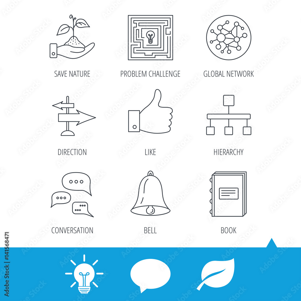 Poster global network, like and conversation icons. book, bell and direction arrows linear signs. save natu