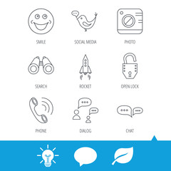 Phone call, chat speech bubble and photo camera icons. Social media, smile and rocket linear signs. Light bulb, speech bubble and leaf web icons. Vector