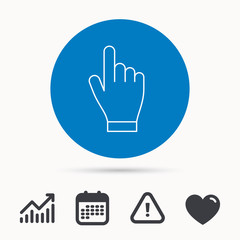 Click hand icon. Press or push pointer sign. Calendar, attention sign and growth chart. Button with web icon. Vector