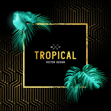 Vintage tropical border design with palm leaves and gold detail. Vector illustration
