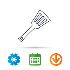 Kitchen utensil icon. Kitchenware spatula sign. Cooking tool symbol. Calendar, cogwheel and download arrow signs. Colored flat web icons. Vector
