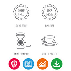 Coffee cup, meat grinder and BPA free icons. DEHP free linear sign. Award medal, growth chart and opened book web icons. Download arrow. Vector