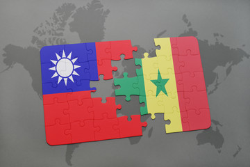 puzzle with the national flag of taiwan and senegal on a world map
