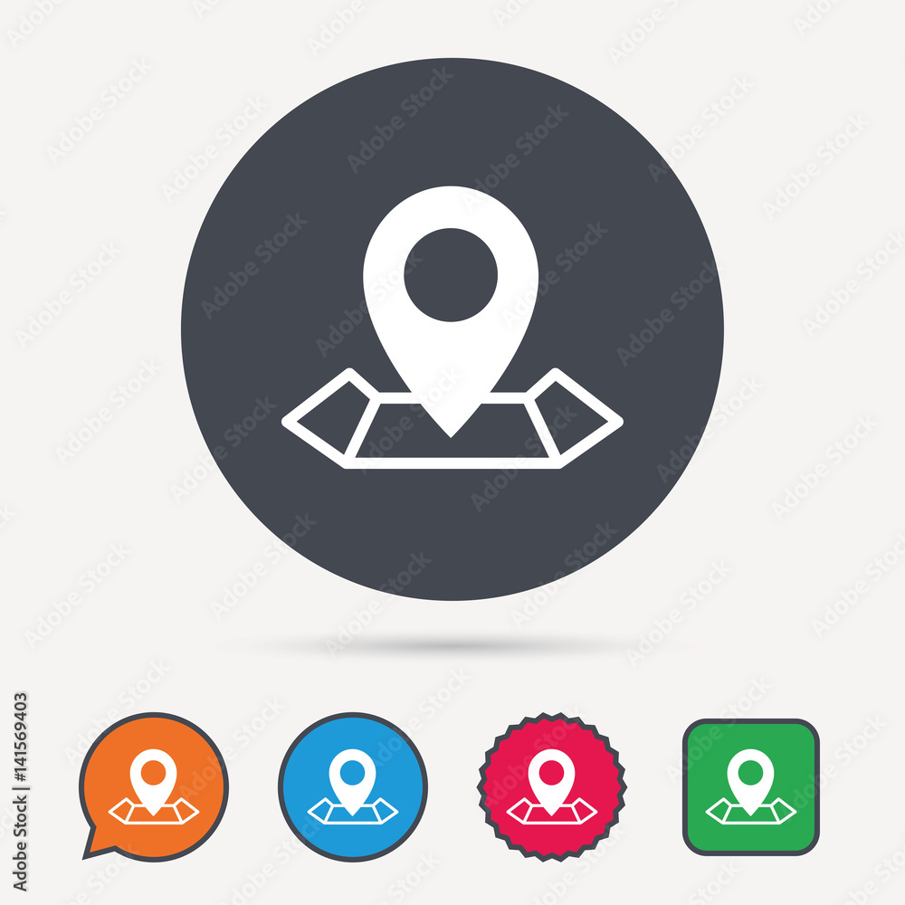 Aufkleber location icon. map pointer symbol. circle, speech bubble and star buttons. flat web icons. vector