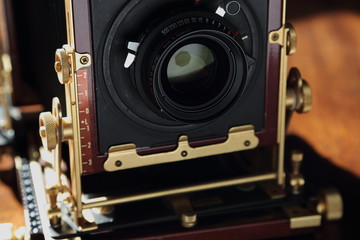 Details of view camera lens and shutter