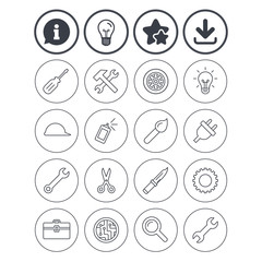 Repair tools icons. Hammer with wrench key.