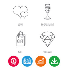 Love heart, gift box and wedding ring icons. Brilliant and engagement linear signs. Award medal, growth chart and opened book web icons. Download arrow. Vector