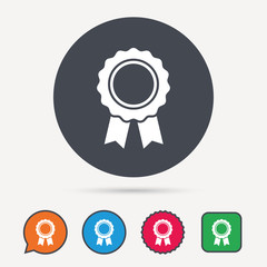 Medal icon. Winner award emblem symbol. Circle, speech bubble and star buttons. Flat web icons. Vector