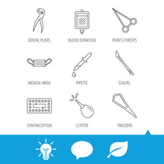 Medical mask, blood and dental pliers icons. Contraception, scalpel and clyster linear signs. Tweezers, pipette and forceps flat line icons. Light bulb, speech bubble and leaf web icons. Vector