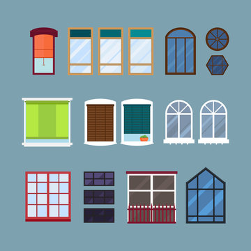 Different types house windows elements isolated set flat style frames domestic door double construction and contemporary decoration apartment vector illustration.