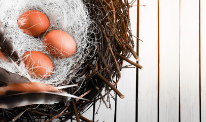 Fototapeta na wymiar Easter eggs in the nest on rustic wooden background