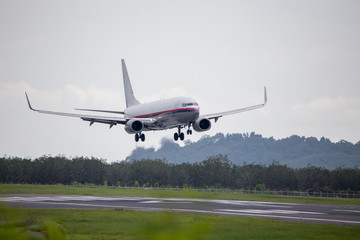 Fototapeta na wymiar Plane lands on the runway at the airport.