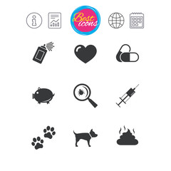 Veterinary, pets icons. Dog paws, syringe signs.