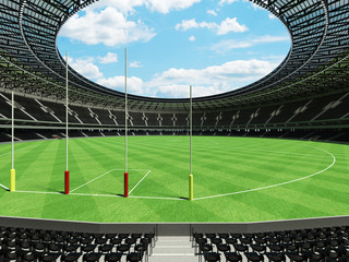 3D render of a round Australian rules football stadium with  black seats and VIP boxes