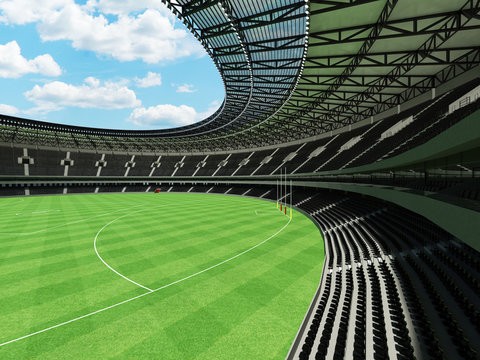 3D Render Of A Round Australian Rules Football Stadium With  Black Seats And VIP Boxes