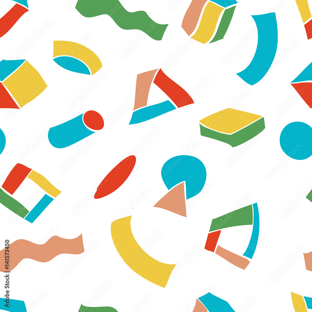 Poster colorful seamless vector pattern with hand drawn geometric shapes on white background.