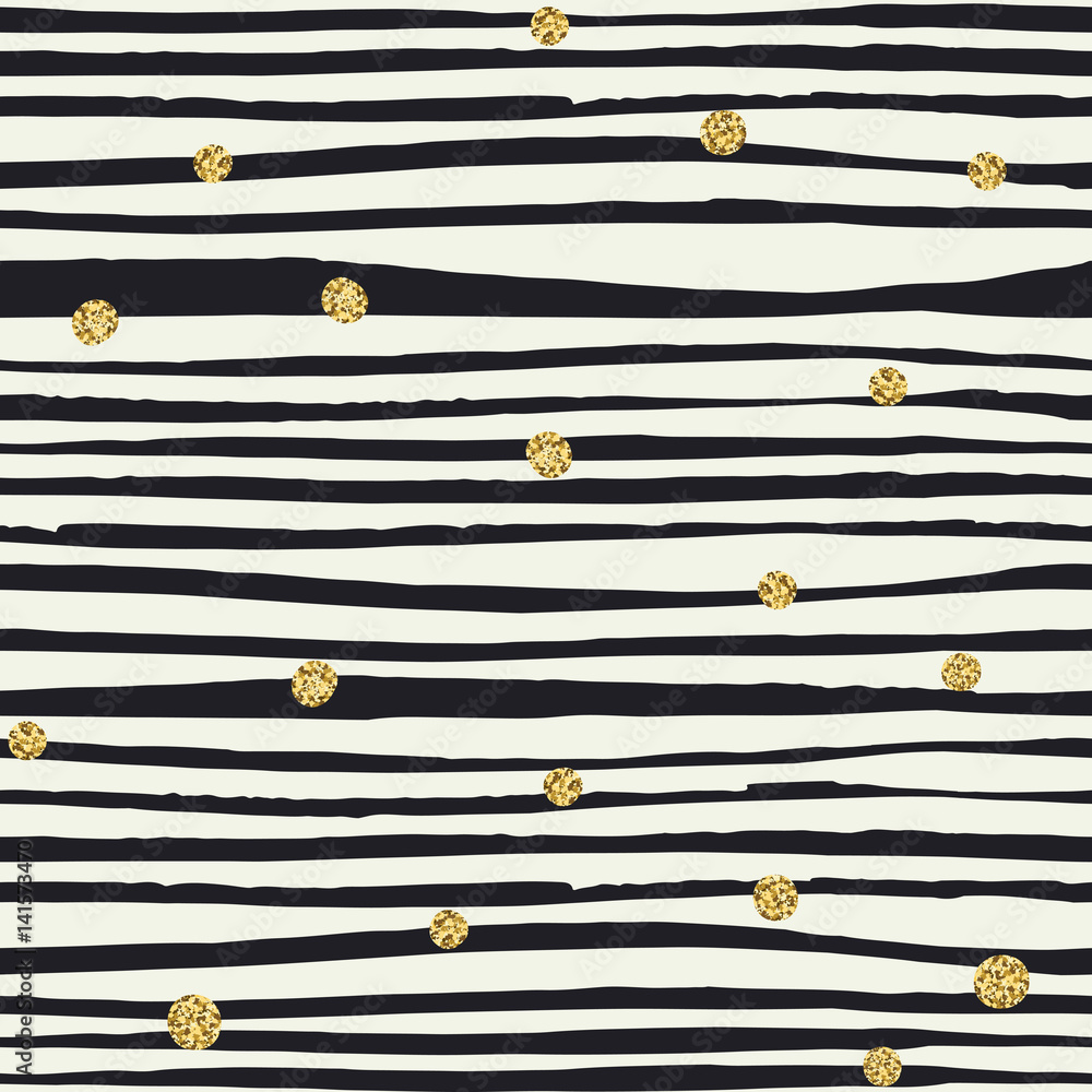 Poster black brush lines and golden dots. seamless pattern.