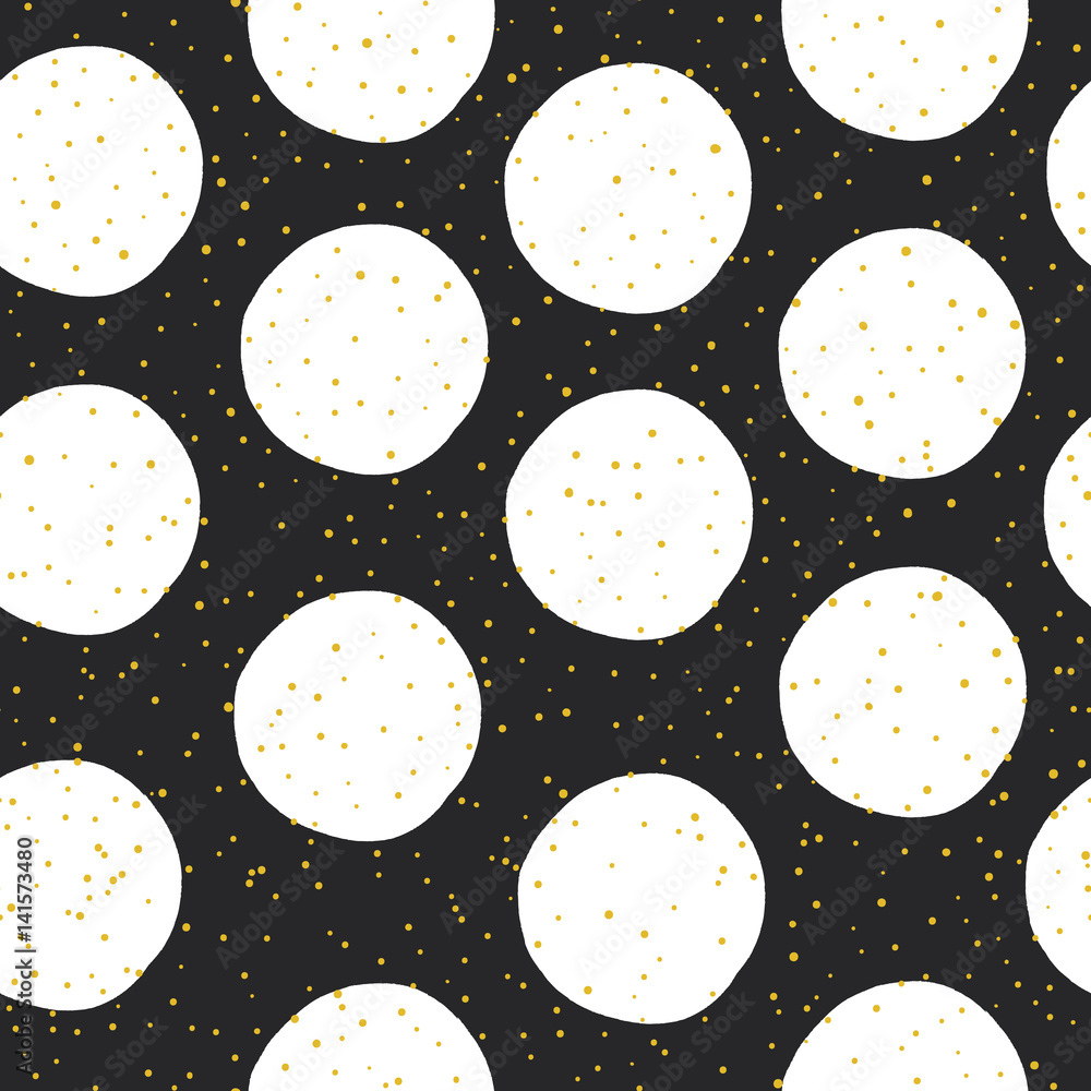 Poster yellow circles and black chaotic dots on white background. abstract monochrome seamless pattern.