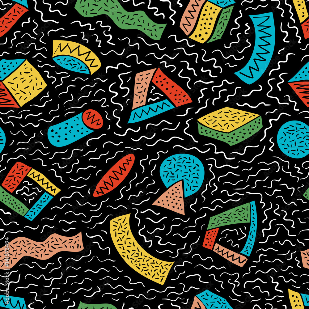 Poster Retro looks seamless vector pattern with hand drawn doodles on colorful geometric shapes.