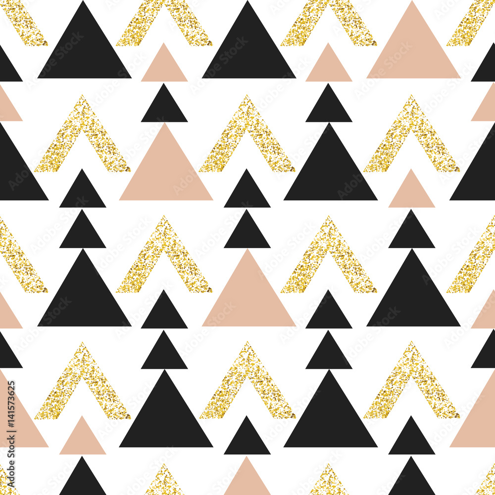 Poster Gold geometric triangle background. Abstract seamless pattern with triangles in gold and dark gray.