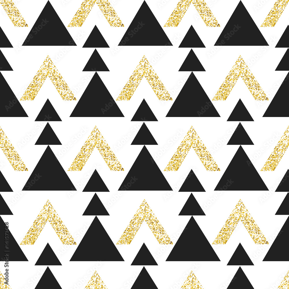 Poster Gold geometric triangle background. Abstract seamless pattern with triangles in gold and dark gray.