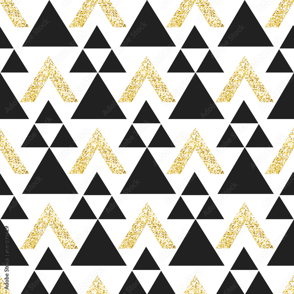 Poster Gold geometric triangle background. Abstract seamless pattern with triangles in gold and dark gray.