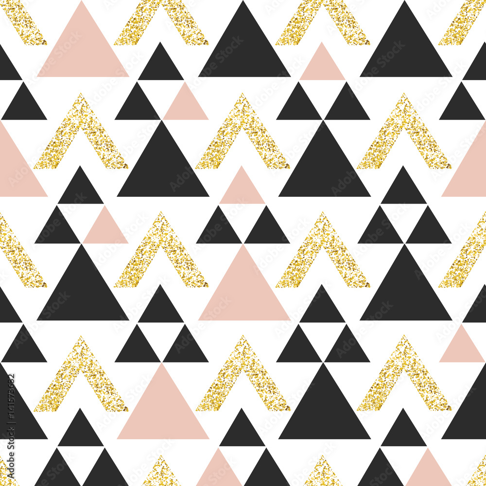 Poster Gold geometric triangle background. Abstract seamless pattern with triangles in gold and dark gray.
