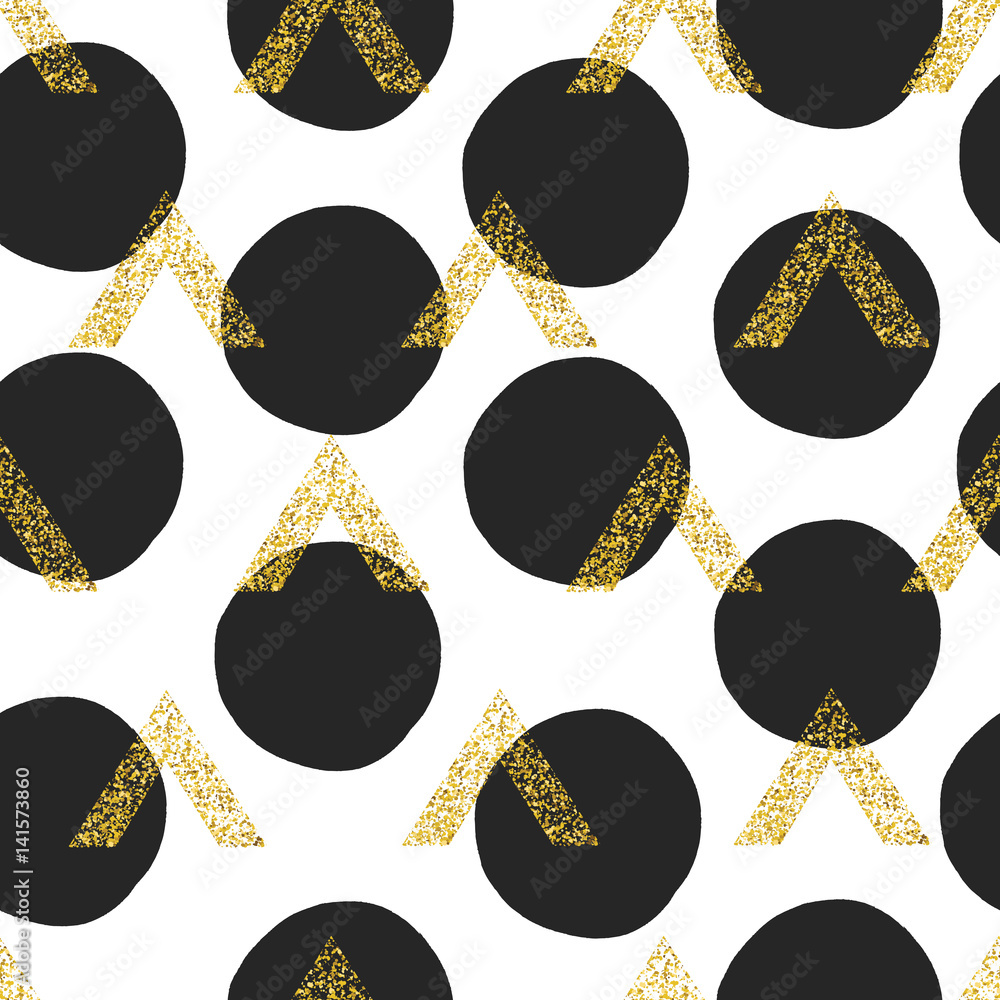 Poster gold geometric triangle with dots background.