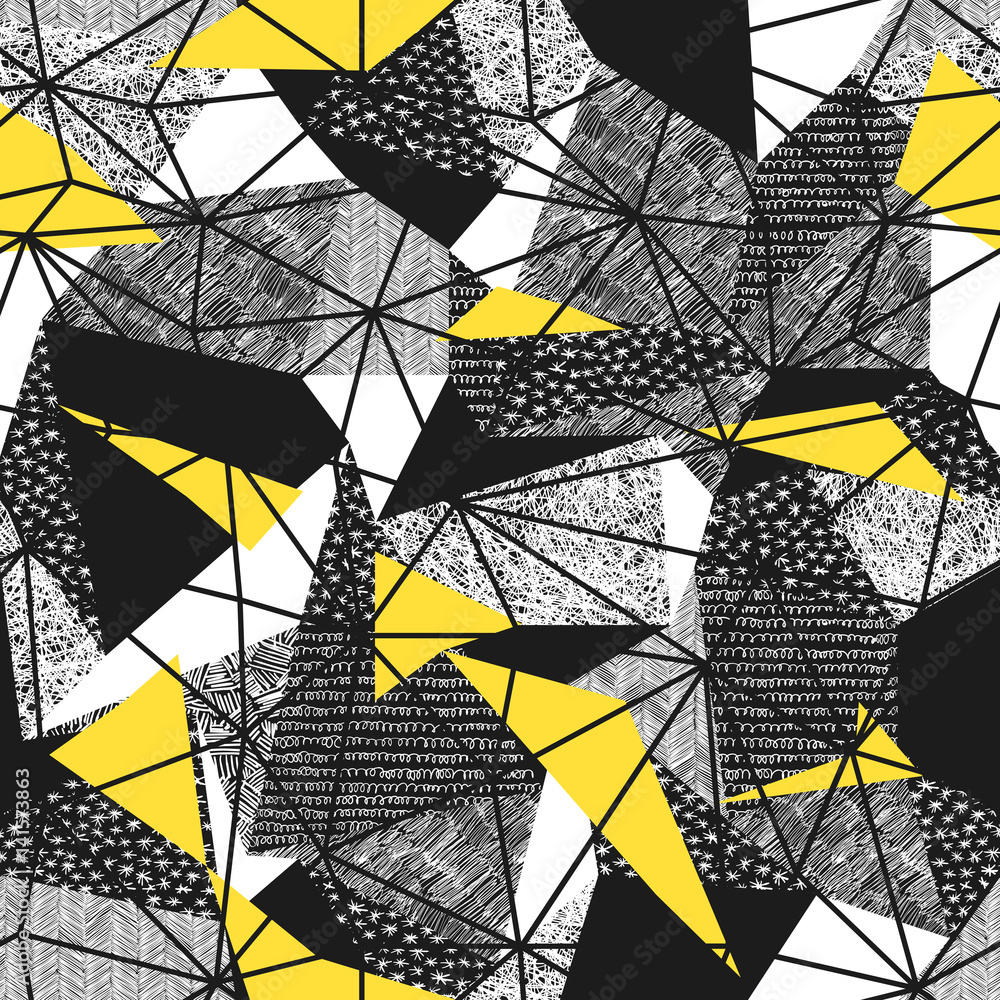Aufkleber Geometric seamless pattern in retro style. Vintage background.Triangles and hand drawn patterns. Low poly seamless repeat pattern. Triangular facets. Vector pattern. Yellow Triangles
