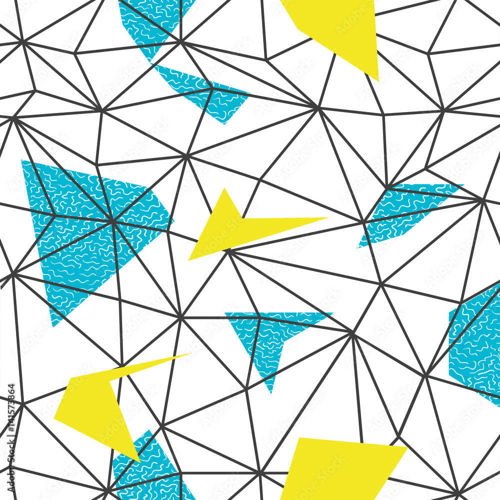 Aufkleber Triangles wire-frame seamless repeat pattern. Triangular facets. Doodles hand-drawn pattern. Vector pattern. Wireframe Background Blue and Yellow Seamless Pattern.