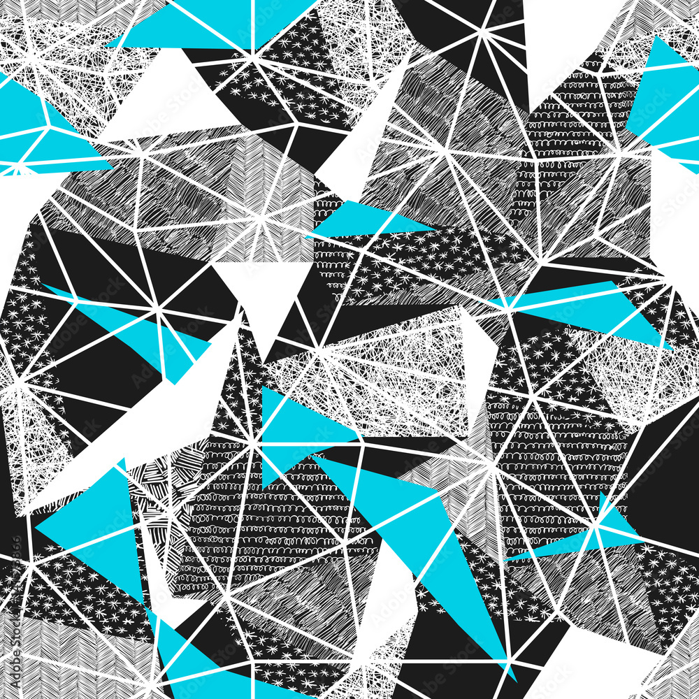 Aufkleber Geometric seamless pattern in retro style. Vintage background.Triangles and hand drawn patterns. Low poly seamless repeat pattern. Triangular facets. Vector pattern. Cyan Triangles