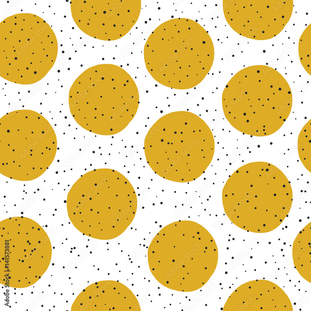 Poster yellow circles and black chaotic dots on white background. abstract monochrome seamless pattern.