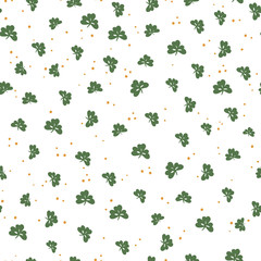 Saint Patrick's Day seamless pattern. Clover leaf and golden dots. Abstract holiday background