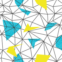 Triangles wire-frame seamless repeat pattern. Triangular facets. Doodles hand-drawn pattern. Vector pattern. Wireframe Background Blue and Yellow Seamless Pattern.
