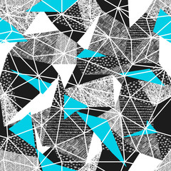 Fototapeta premium Geometric seamless pattern in retro style. Vintage background.Triangles and hand drawn patterns. Low poly seamless repeat pattern. Triangular facets. Vector pattern. Cyan Triangles