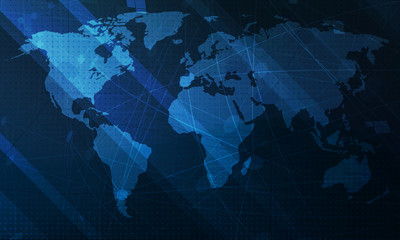 Abstract blue world map background.  Digital global technology concept. Vector Illustration.