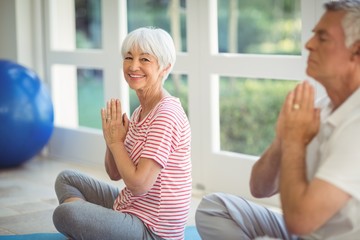 Senior couple performing yoga on exercise mat
