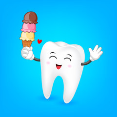 Tooth character with icecream cone. Great for health dental care concept. Illustration.