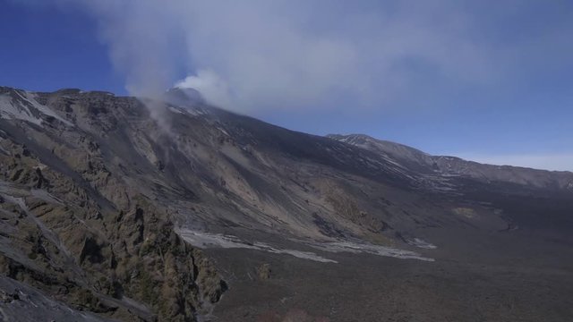 March 2017 eruption on Mount Etna in Sicily, southern Italy, the largest active volcano in Europe. UNESCO World Heritage site. Timelapse with crater summit, peak, snow, lava, smoke, magma, molten rock