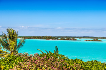 View across turquoise waters of Chalk Sound, Providenciales, Turks and Caicos