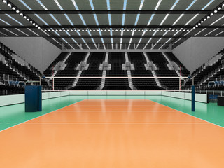 Beautiful sports arena for volleyball with black seats and VIP boxes