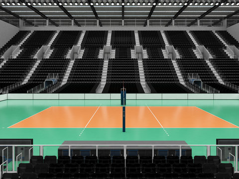 Beautiful sports arena for volleyball with black seats and VIP boxes