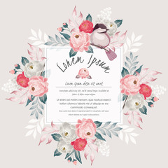  Vector illustration with a cute bird on a floral branch in spring for Wedding, anniversary, birthday and party. Design for banner, poster, card, invitation and scrapbook