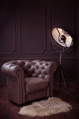 Black art lamp tripod near luxury brown leather chair with furs on the floor. Vertical