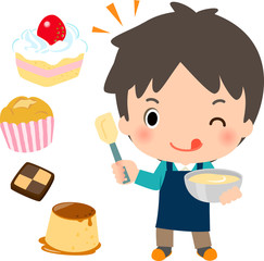 お菓子を作る笑顔の男性