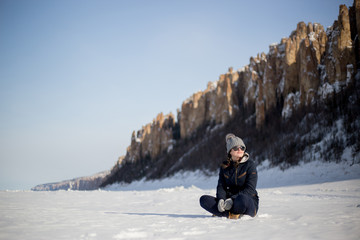 Fototapeta na wymiar Girl in the mountains Nature of Yakutia