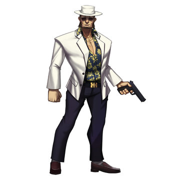 Cool Characters Series: Mafia Gangster Cowboy Man with Gun isolated on White Background. Video Game's Digital CG Artwork, Concept Illustration, Realistic Cartoon Style Background and Character Design