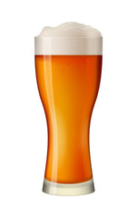 Dark beer in tall glass. Alcohol beverage in mug. Pint of gold lager with foam. Pub symbol. Excellent photo-realistic vector illustration isolated on white background