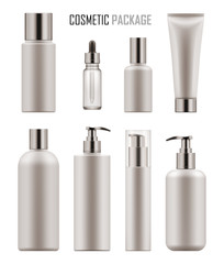 Set of realistic empty packages for body cosmetic. Collection of blank template of container for lotion or tonic, serum or oil, tube for cream, bottle with pump. Vector mock-up isolated on white