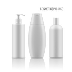 Set of empty realistic package for cosmetic product. Collection of blank template of plastic container with pump, tube, bottle with dispenser, spray. Vector mockup of packages isolated on white